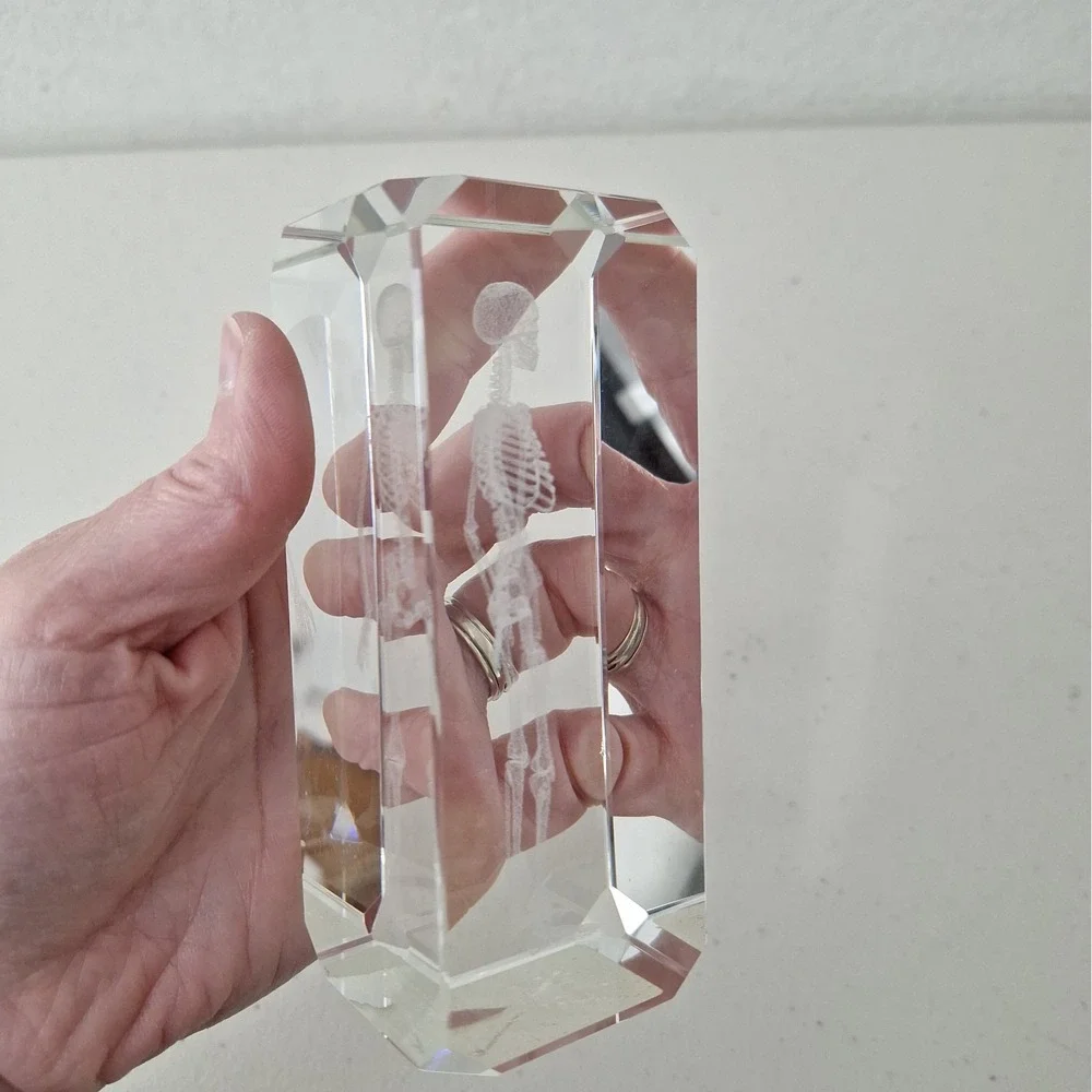 Crystal Paperweight Holographic Skeleton 3D Laser Etched Halloween Vintage 4.75